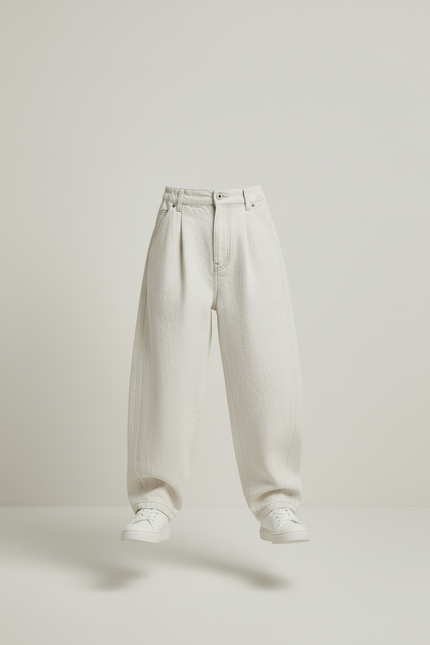 Pantalon Baggy Blanc Cassé Ample Plissé Décontracté Garçon - Beige Jean - vue 3