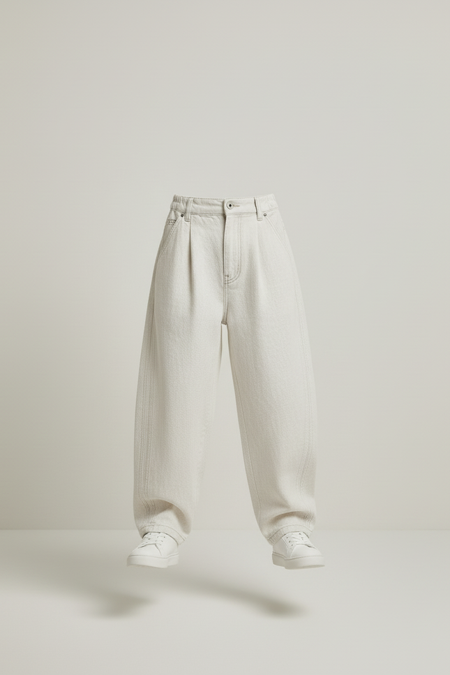 Pantalon Baggy Blanc Cassé Ample Plissé Décontracté Garçon - Beige Jean - vue 3