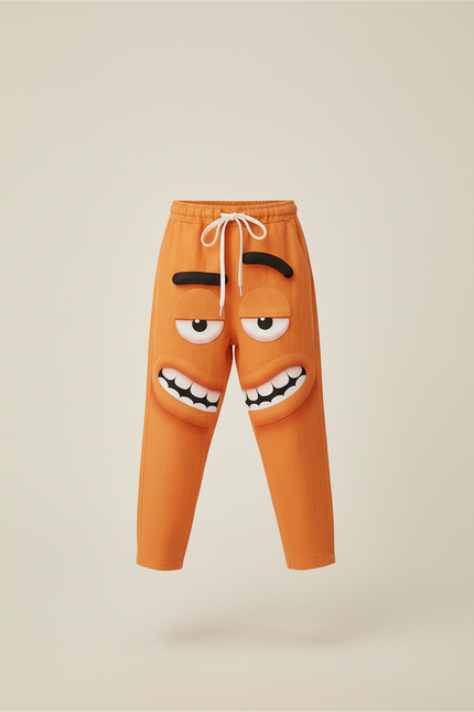 Pantalon Baggy Orange Imprimé Visage Ample Cordon - Lin - vue 3