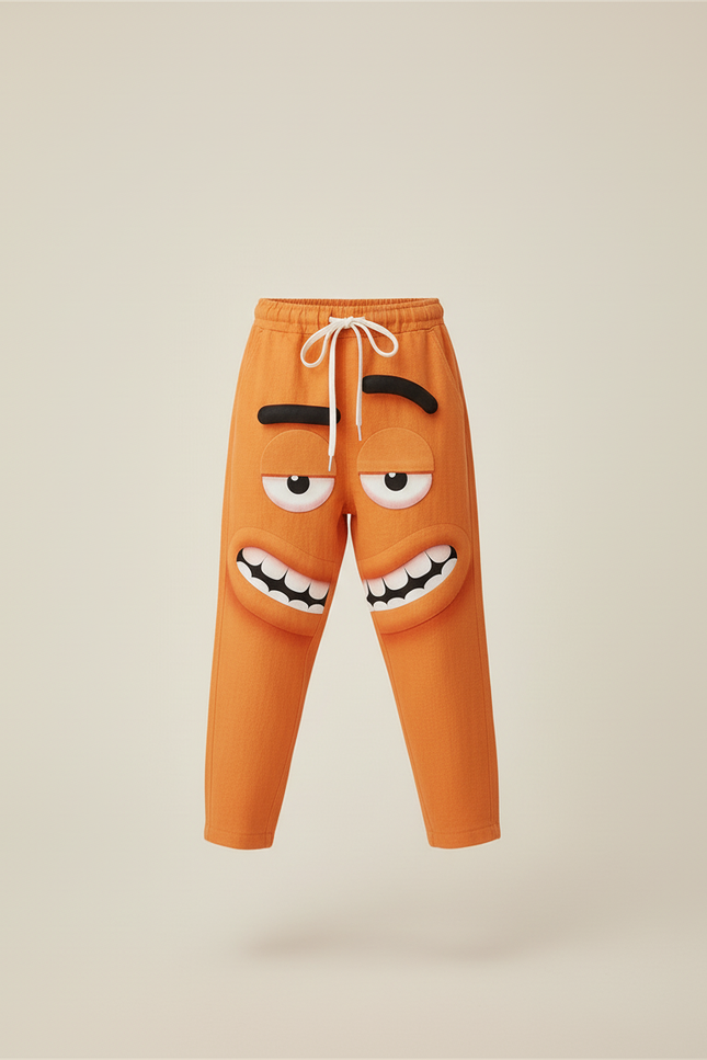 Pantalon Baggy Orange Imprimé Visage Ample Cordon - Lin - vue 3