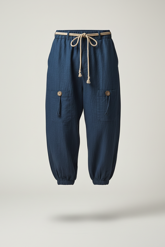 Pantalon En Lin Baggy - Marine - vue 3