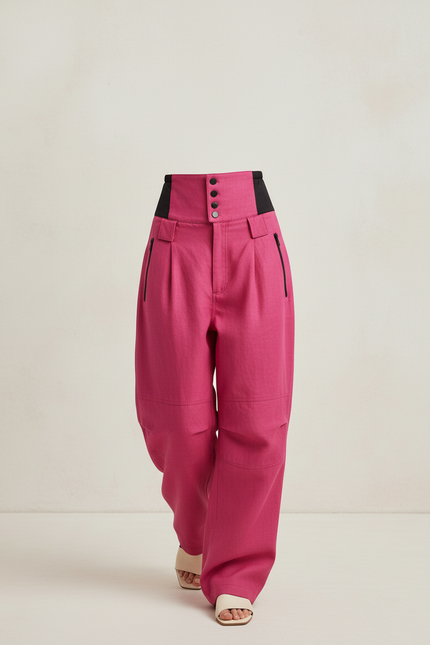 Pantalon Baggy Rose Taille Haute Évasé Fluide - Lin - vue 3
