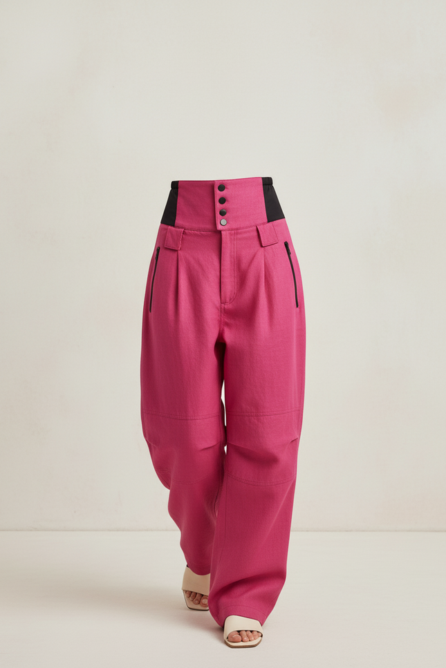 Pantalon Baggy Rose Taille Haute Évasé Fluide - Lin - vue 3