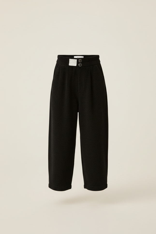 Pantalon Baggy Garçon Noir Taille Haute - Cordé - vue 3