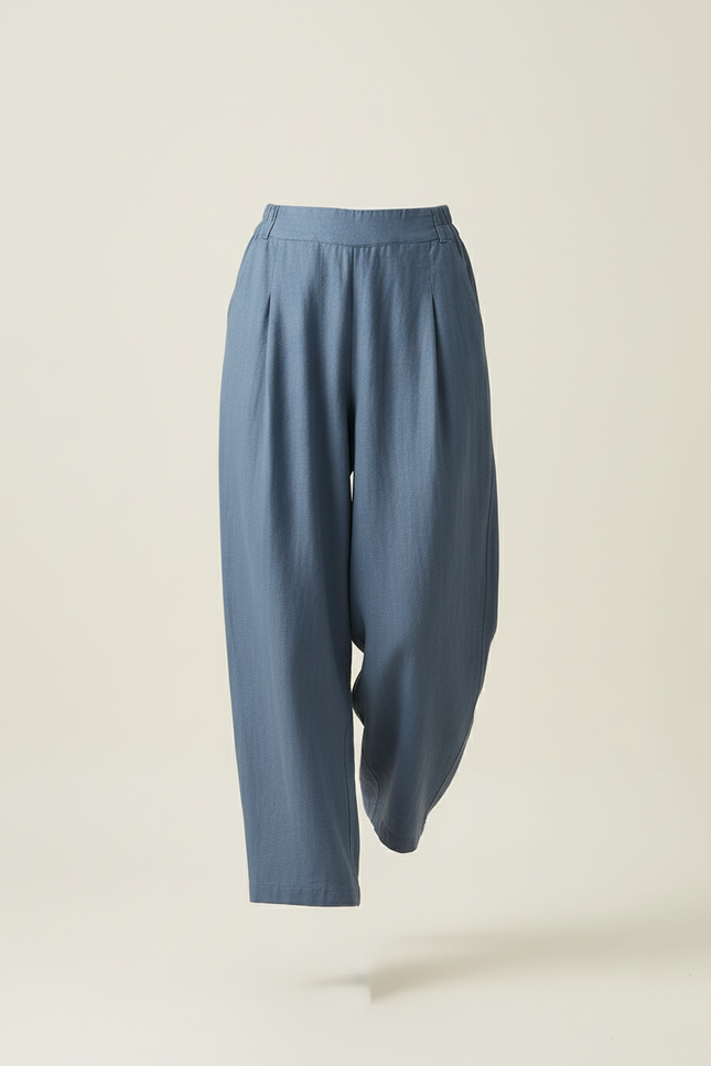 Pantalon Baggy Bleu Lin Ample Plissé Décontracté - vue 3