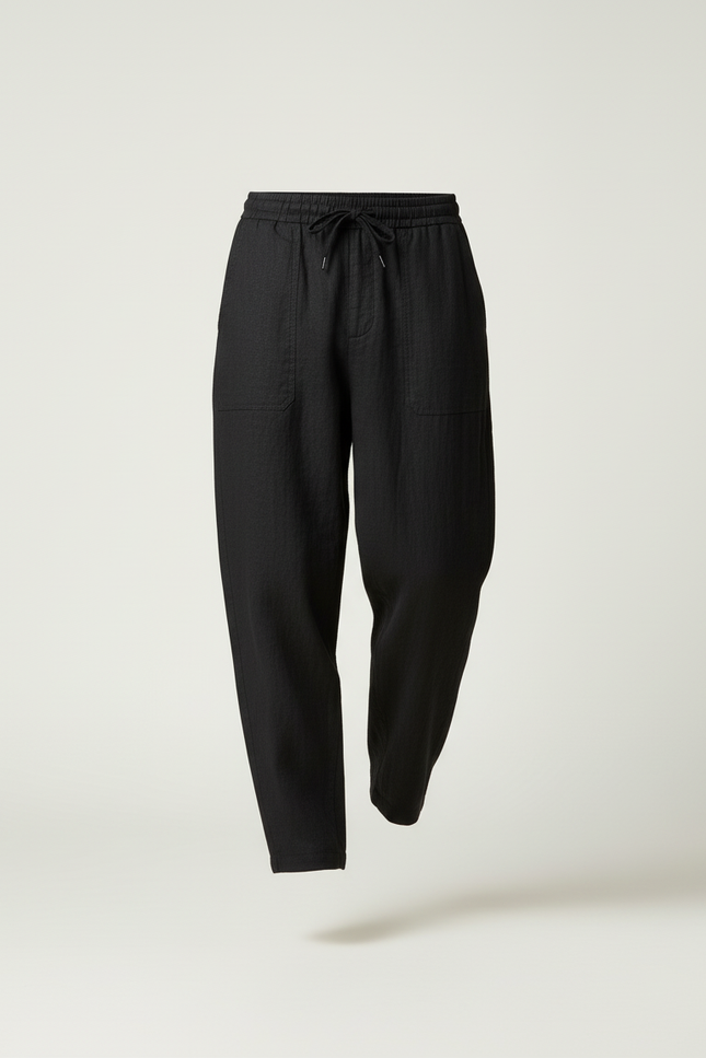Pantalon Baggy Noir Lin Décontracté Ample Cordon - vue 3