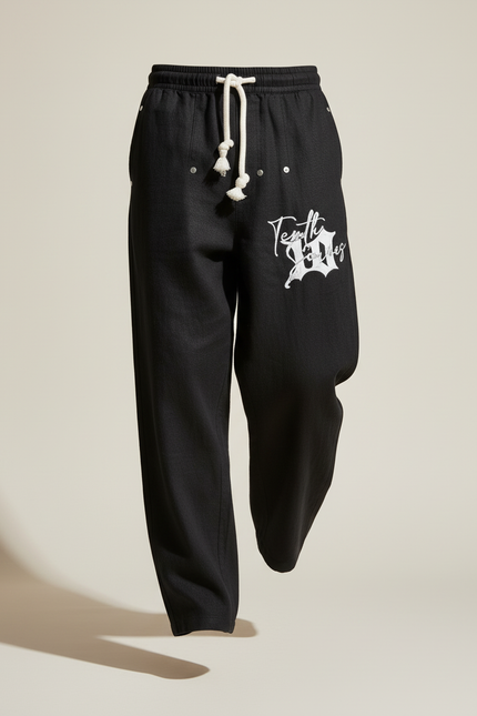 Pantalon Baggy Noir Lin Ample Imprimé Cordon Homme - vue 3