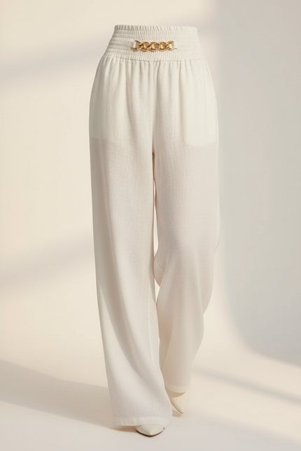 Pantalon Baggy Blanc Lin Fluide Taille Haute Chaîne - vue 3