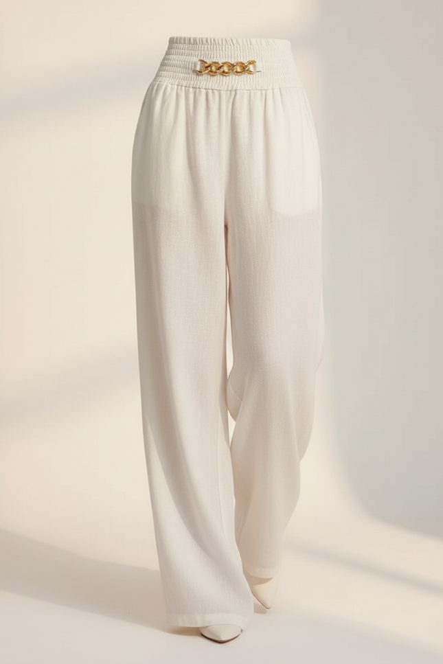 Pantalon Baggy Blanc Lin Fluide Taille Haute Chaîne - vue 3
