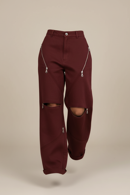 Pantalon Baggy Bordeaux Zippé Ouvert Décontracté Ample - Toile - vue 3