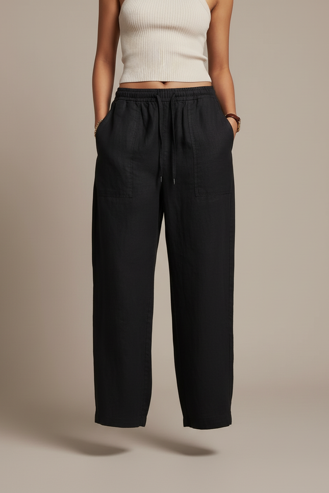 Pantalon Baggy Noir Lin Ample Fluide Décontracté - vue 3