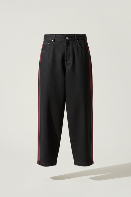 Pantalon Baggy Noir Rayures Rouges Ample Décontracté - Jean - vue 3