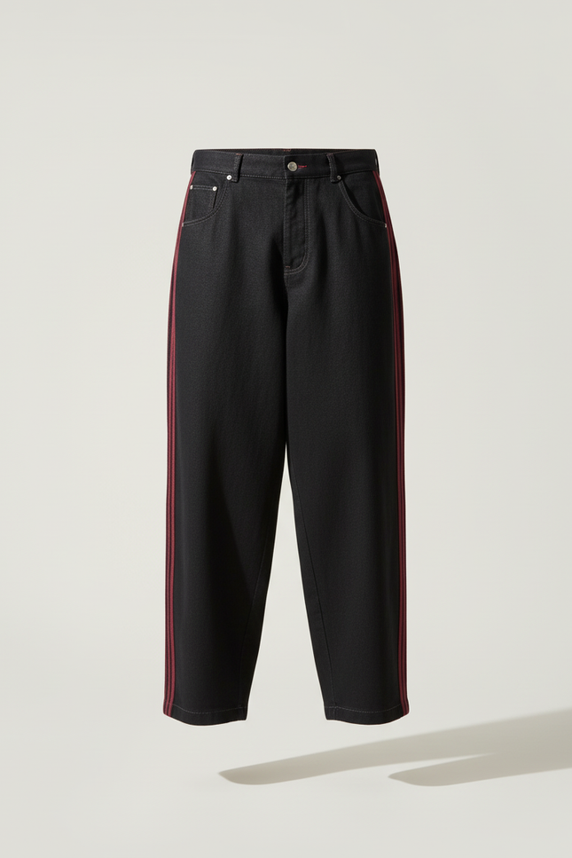 Pantalon Baggy Noir Rayures Rouges Ample Décontracté - Jean - vue 3