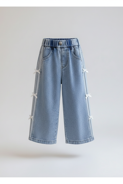 Pantalon Baggy Denim Bleu Ample Nœuds Latéraux Fille - Jean - vue 3