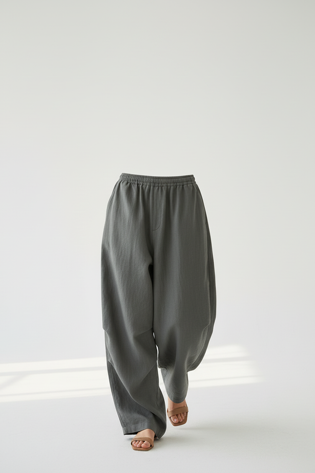 Pantalon Baggy Lin Ample Vert Femme Décontracté - Kaki - vue 3