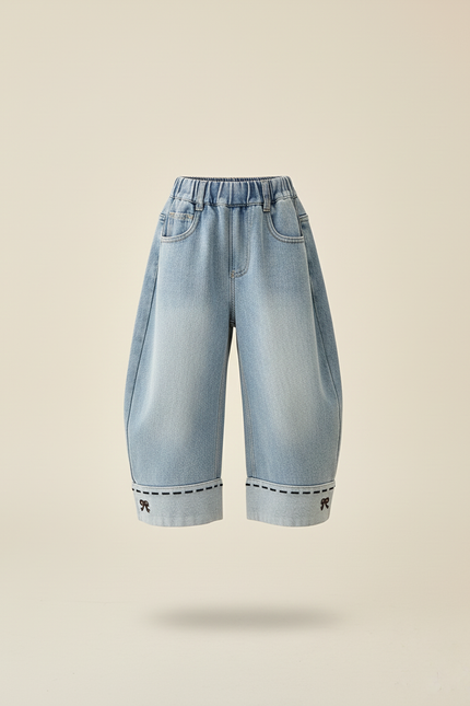 Pantalon Baggy Jean Bleu Délavé Ample Nœud Fille - vue 3