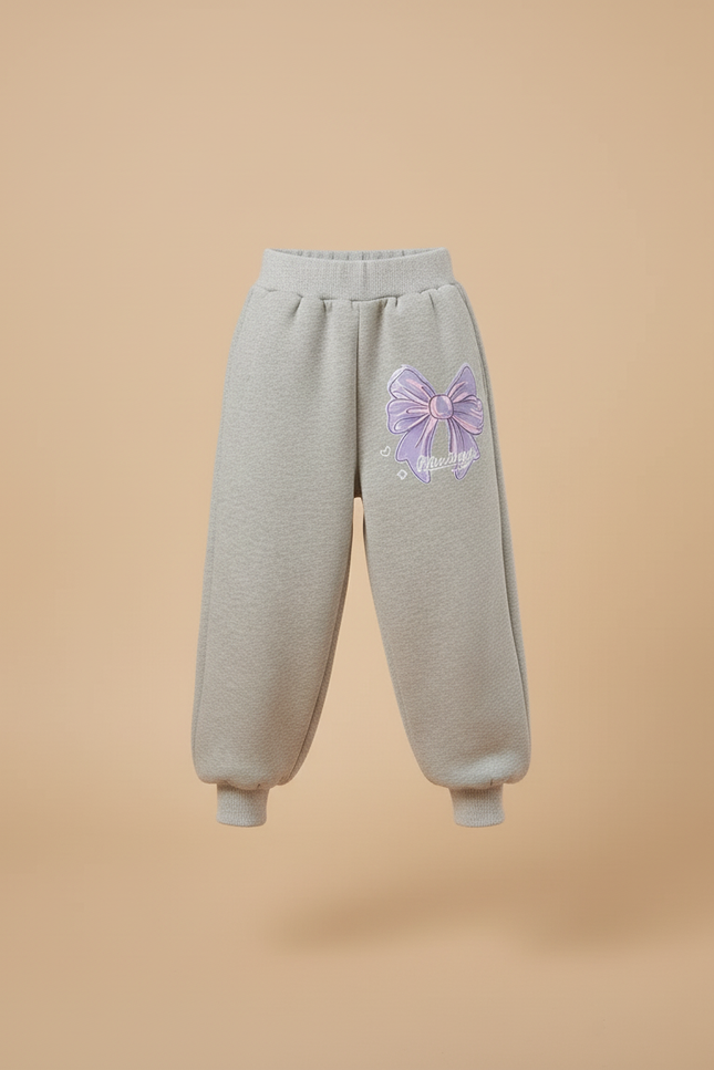 Pantalon Baggy Gris Molletonné Ample Motif Nœud Fille - vue 3