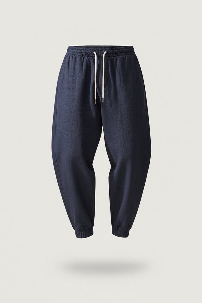 Pantalon Baggy Bleu Marine Cordon Ample Coton Décontracté - Lin - vue 3