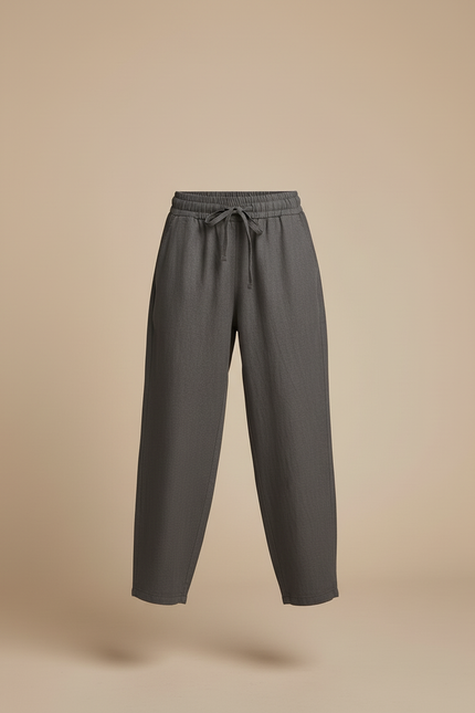 Pantalon Baggy Gris Lin Lâche Cordon Ample Décontracté - vue 3
