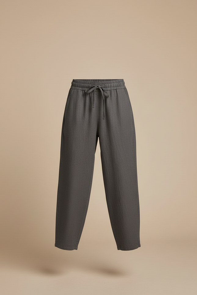 Pantalon Baggy Gris Lin Lâche Cordon Ample Décontracté - vue 3