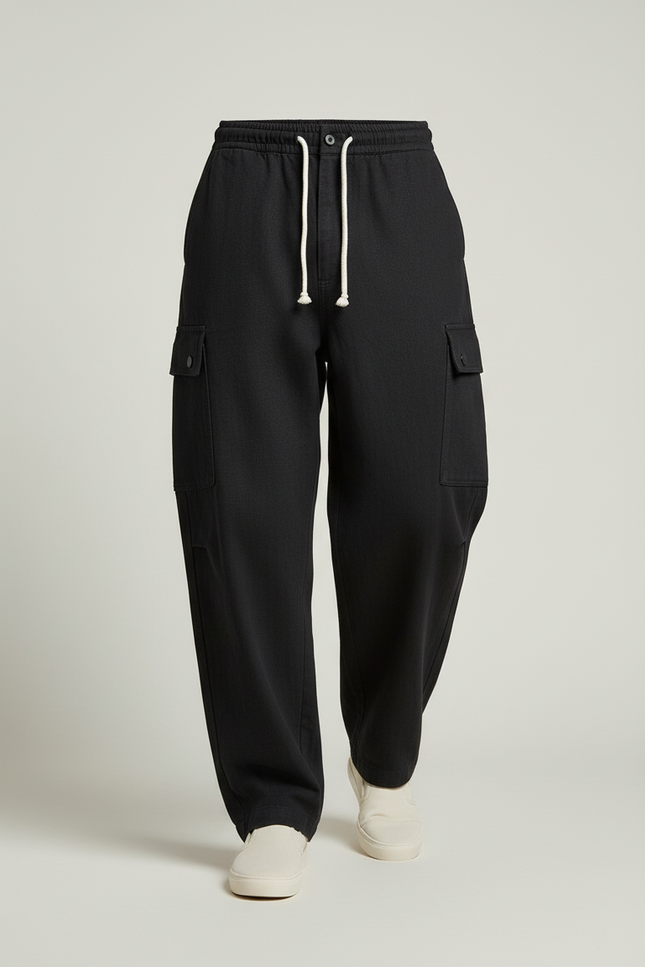 Pantalon Baggy Noir Coton Cargo Ample Cordon Homme - Toile - vue 3