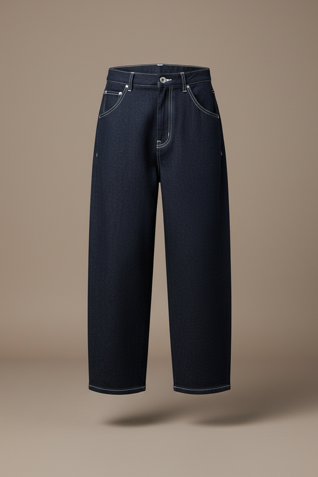 Pantalon Baggy Bleu Marine Ample Denim Coutures Blanches - Jean - vue 3