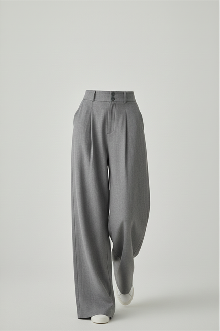 Pantalon Baggy Gris Ample Droit Élégant Plissé - Gabardine - vue 3