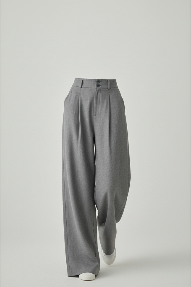 Pantalon Baggy Gris Ample Droit Élégant Plissé - Gabardine - vue 3