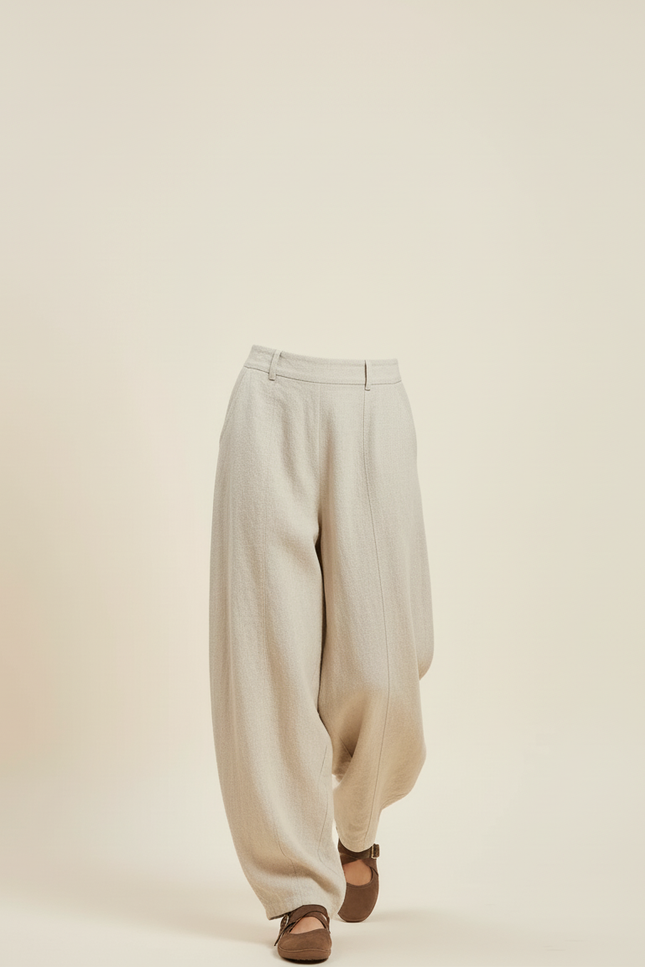 Pantalon Baggy Beige Lin Ample Élastique Décontracté Femme - vue 3
