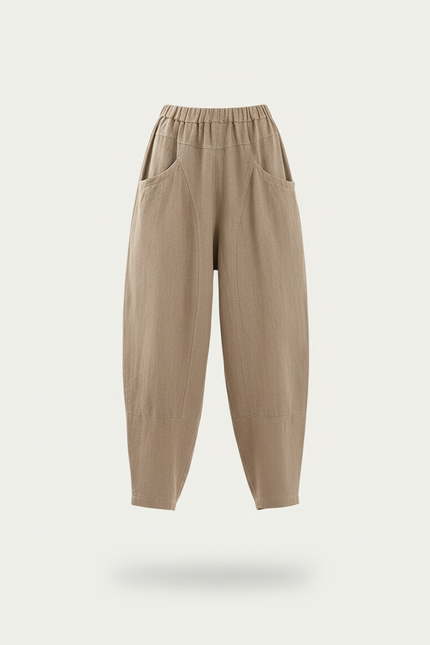 Pantalon Baggy Beige Lin Ample Taille Élastique - vue 3