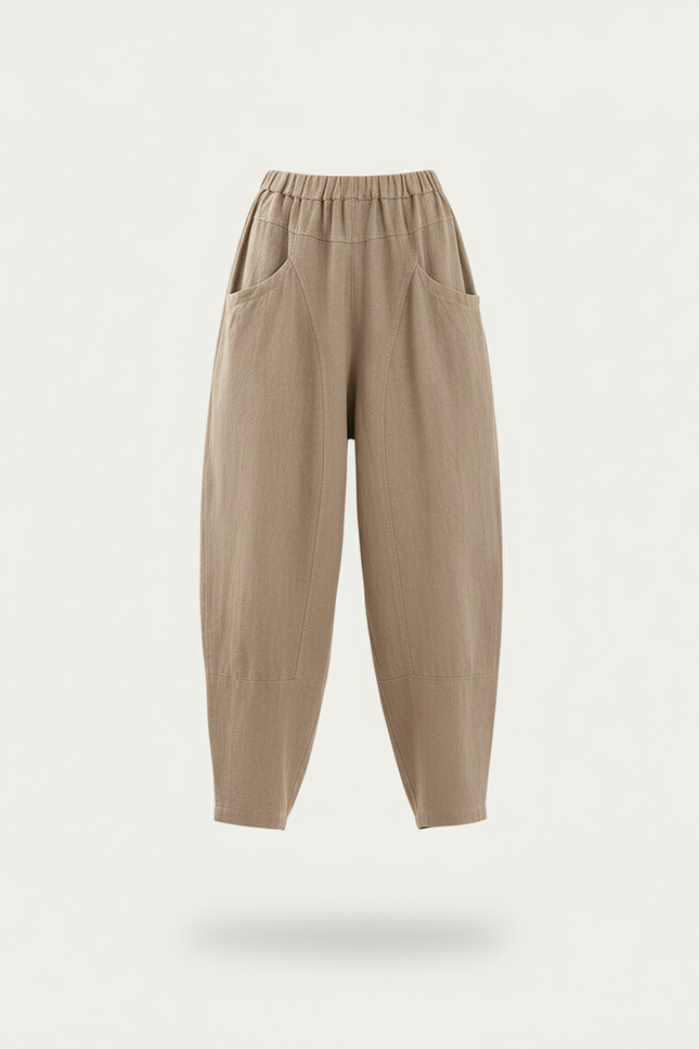 Pantalon Baggy Beige Lin Ample Taille Élastique - vue 3