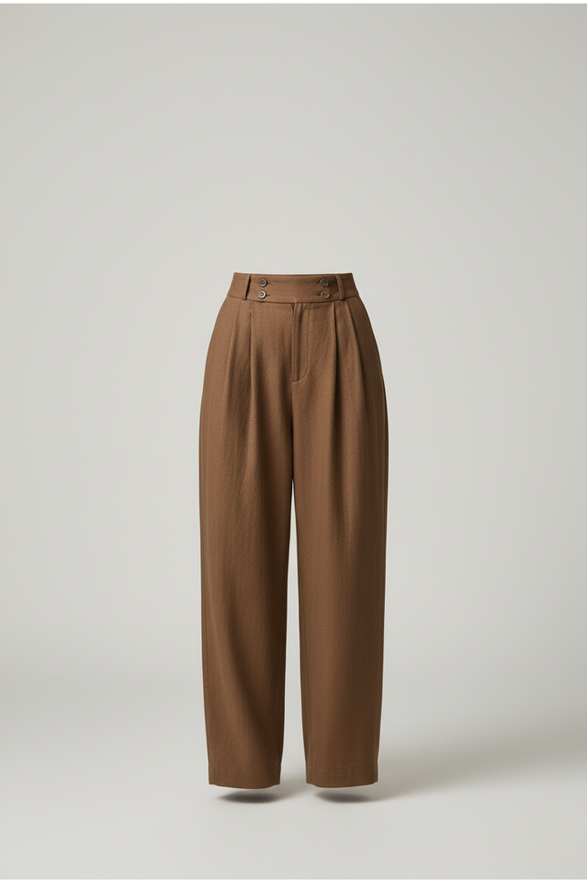 Pantalon Baggy Marron Ample Taille Haute Plissé - Laine - vue 3