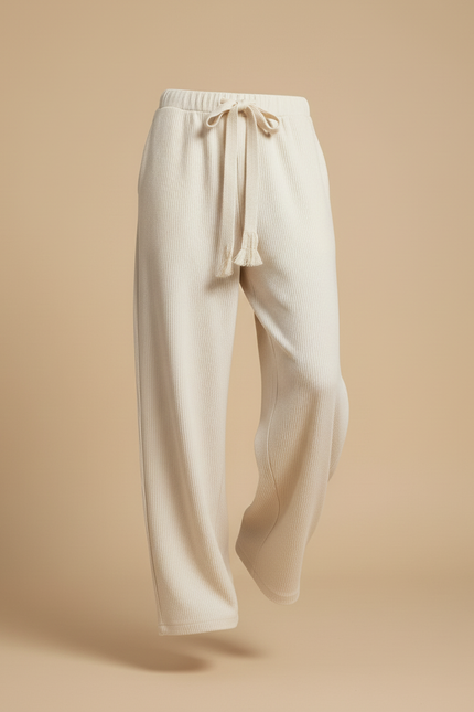 Pantalon Baggy Crème Côtelé Ample Cordon Décontracté - Beige Cordé - vue 3