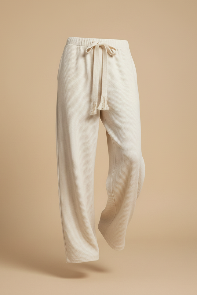 Pantalon Baggy Crème Côtelé Ample Cordon Décontracté - Beige Cordé - vue 3