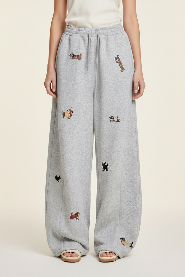 Pantalon Baggy Gris Ample Brodé Chien Décontracté - Molleton - vue 3