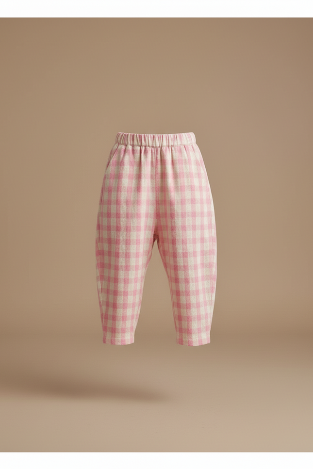 Pantalon Baggy Rose Écru Plaid Ample Coton - vue 3