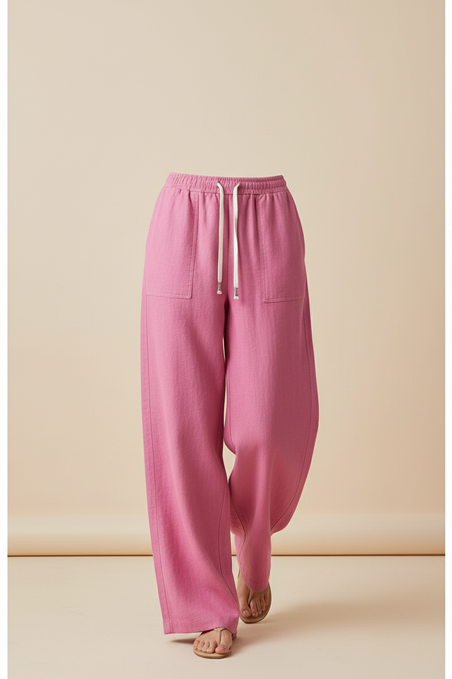 Pantalon Baggy Rose Fluide Lin Cordon Ample - vue 3