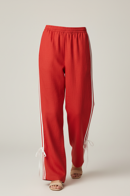 Pantalon Baggy Rouge Rayé Ample Fluide Cordon - Lin - vue 3