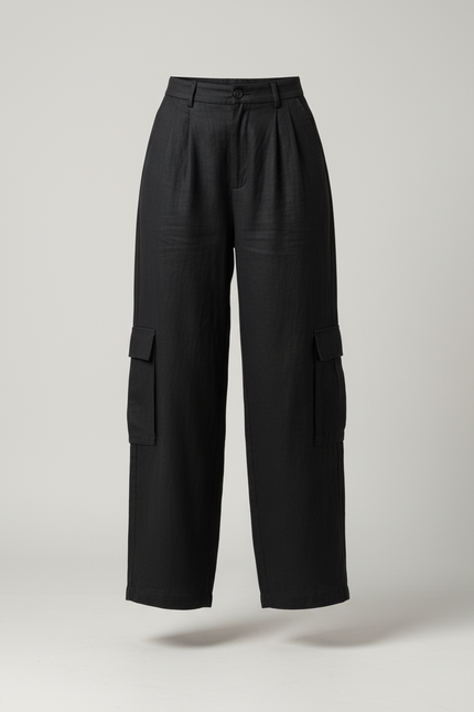 Pantalon Baggy Noir Cargo Ample Fluide Femme - Lin - vue 3