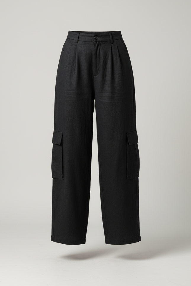 Pantalon Baggy Noir Cargo Ample Fluide Femme - Lin - vue 3