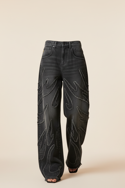 Pantalon Baggy Denim Noir Délavé Flammes Ample - Gris Jean - vue 3
