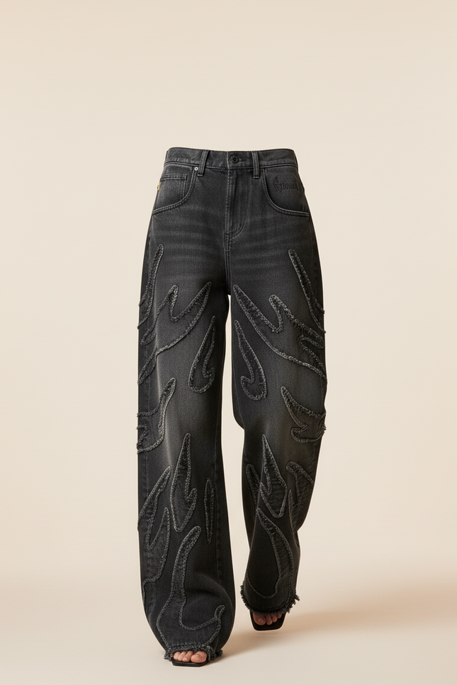 Pantalon Baggy Denim Noir Délavé Flammes Ample - Gris Jean - vue 3