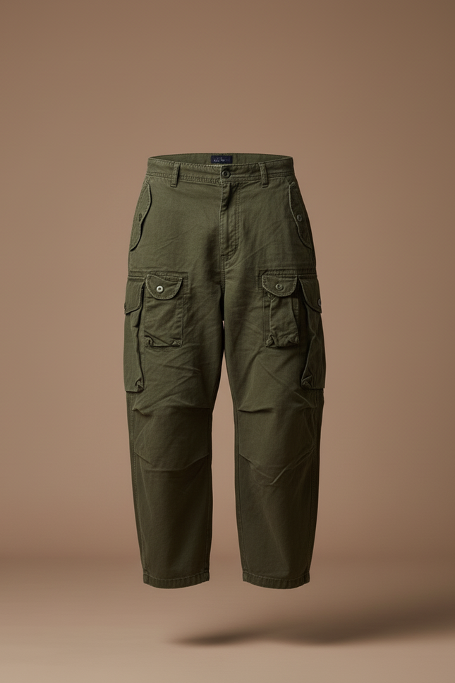 Pantalon Baggy Cargo Vert Ample Vintage Homme - Kaki Toile - vue 3
