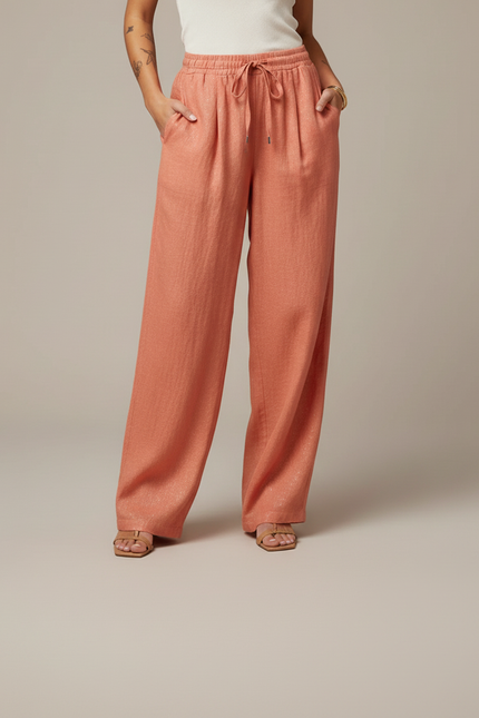 Pantalon Baggy Pêche Ample Fluide Brillant Cordon - Orange Lin - vue 3