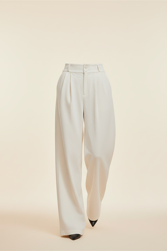 Pantalon Baggy Blanc Cassé Plissé Ample Femme - Laine - vue 3