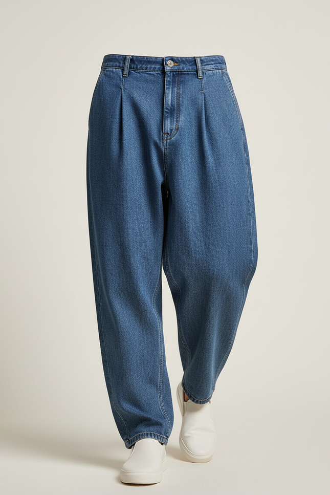 Pantalon Baggy Bleu Jean Plissé Ample Décontracté Homme - vue 3