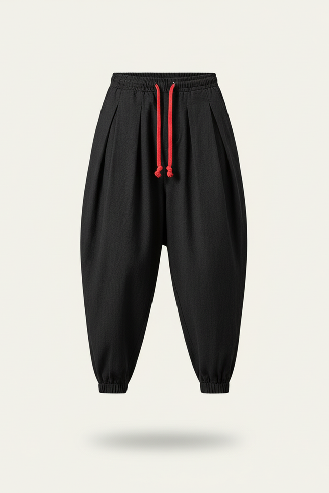 Pantalon Baggy Noir Lin Plissé Cordon Rouge Homme - vue 3