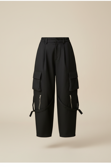 Pantalon Baggy Noir Cargo Ample Zippé Enfant - Toile - vue 3