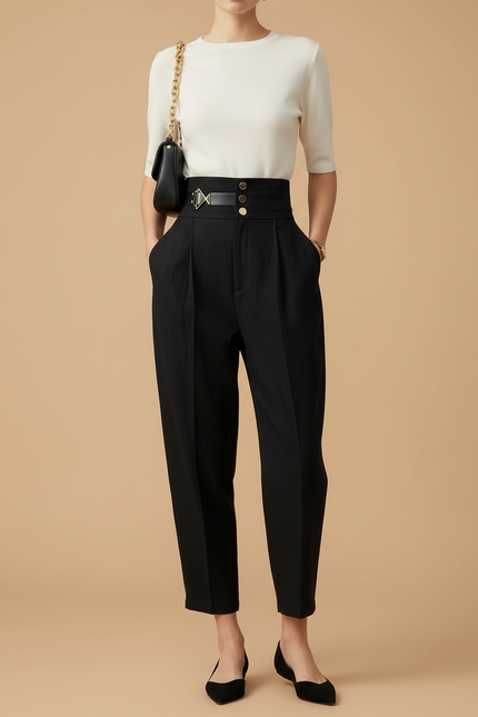 Pantalon Baggy Noir Taille Haute Plissé Décontracté Femme - Gabardine - vue 3