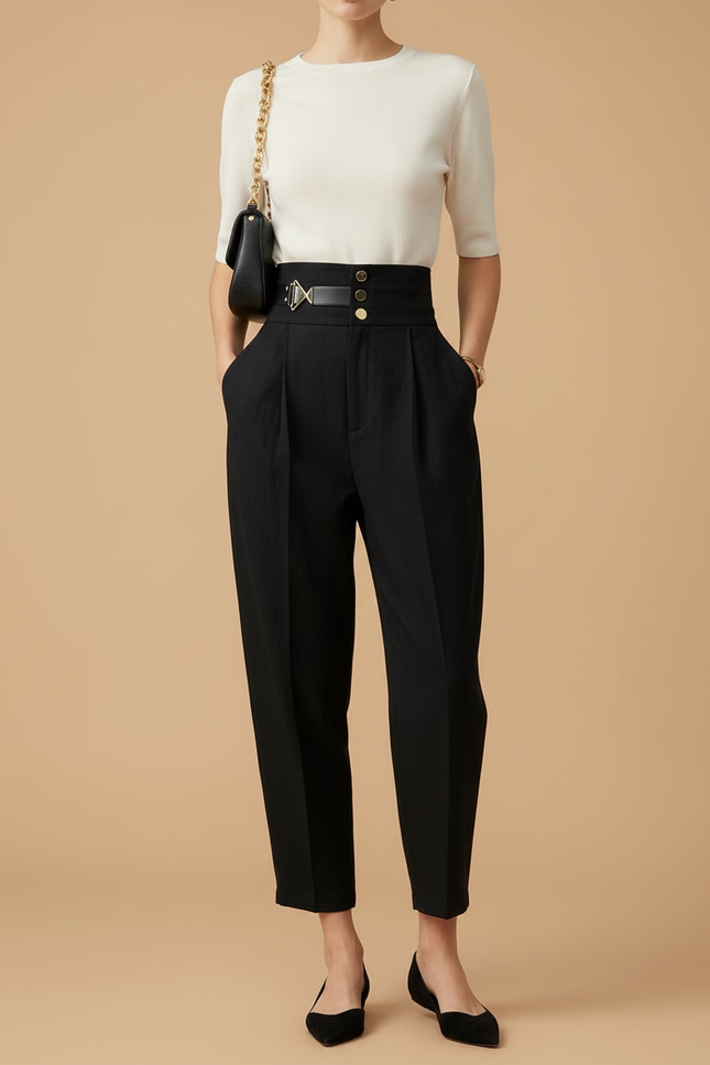 Pantalon Baggy Noir Taille Haute Plissé Décontracté Femme - Gabardine - vue 3